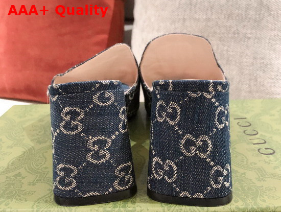 Gucci Womens Slide Sandal with Horsebit Dark Blue and Ivory Eco Washed Organic GG Jacquard Denim 655412 Replica