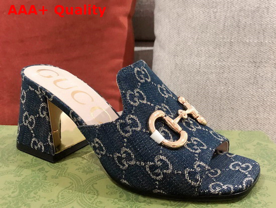 Gucci Womens Slide Sandal with Horsebit Dark Blue and Ivory Eco Washed Organic GG Jacquard Denim 655412 Replica