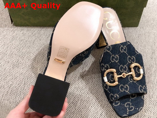 Gucci Womens Slide Sandal with Horsebit Dark Blue and Ivory Eco Washed Organic GG Jacquard Denim 655412 Replica