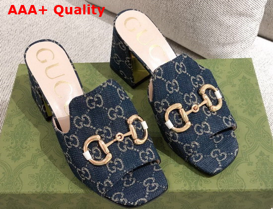 Gucci Womens Slide Sandal with Horsebit Dark Blue and Ivory Eco Washed Organic GG Jacquard Denim 655412 Replica