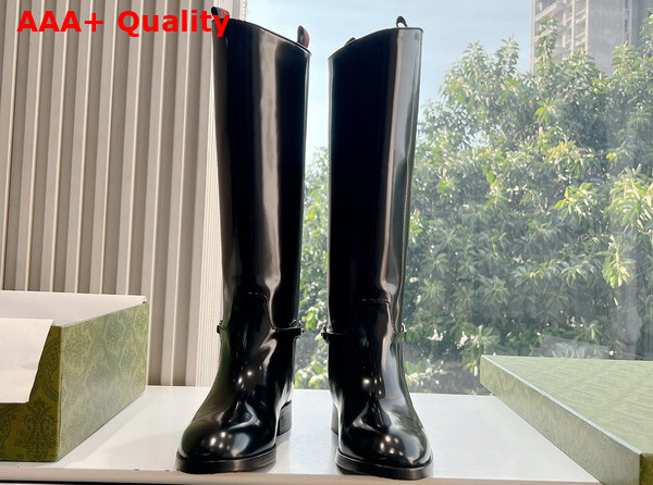 Gucci Womens Slim Horsebit Boot in Black Shiny Leather 805310 Replica