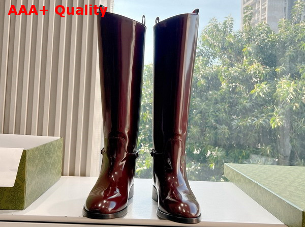 Gucci Womens Slim Horsebit Boot in Bordeaux Shiny Leather 805312 Replica