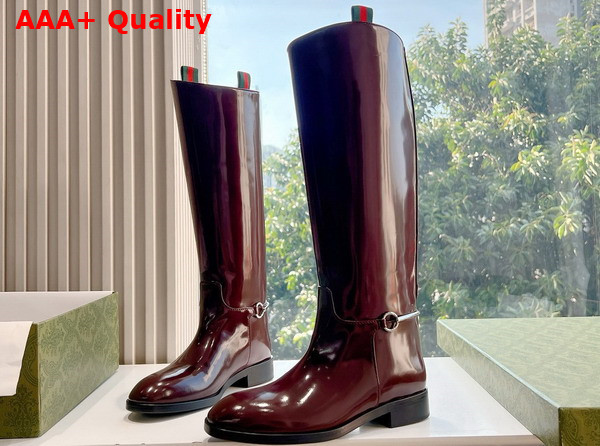 Gucci Womens Slim Horsebit Boot in Bordeaux Shiny Leather 805312 Replica