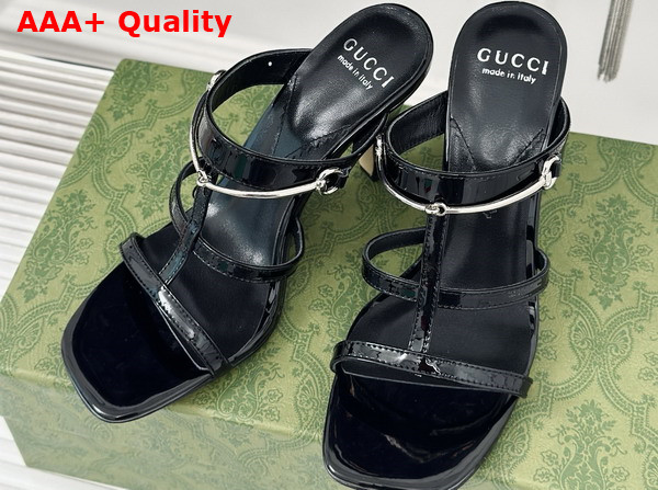 Gucci Womens Slim Horsebit Slide Sandal in Black Patent Leather 776643 Replica