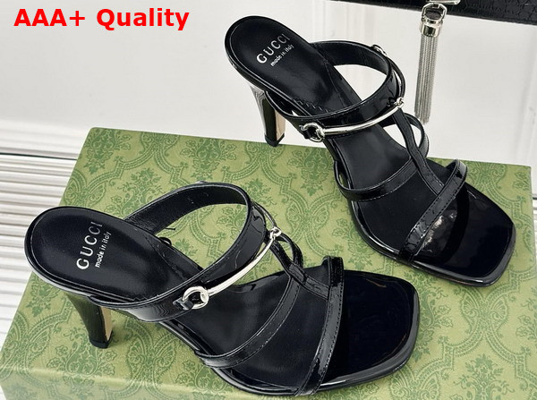 Gucci Womens Slim Horsebit Slide Sandal in Black Patent Leather 776643 Replica