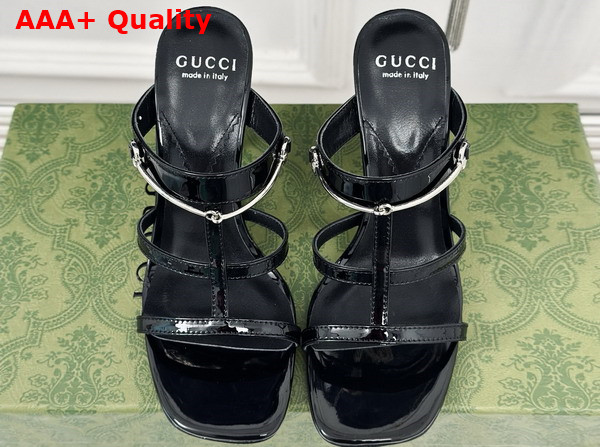 Gucci Womens Slim Horsebit Slide Sandal in Black Patent Leather 776643 Replica