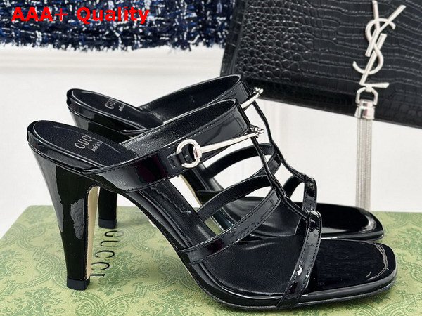 Gucci Womens Slim Horsebit Slide Sandal in Black Patent Leather 776643 Replica