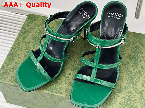 Gucci Womens Slim Horsebit Slide Sandal in Green Patent Leather 776643 Replica