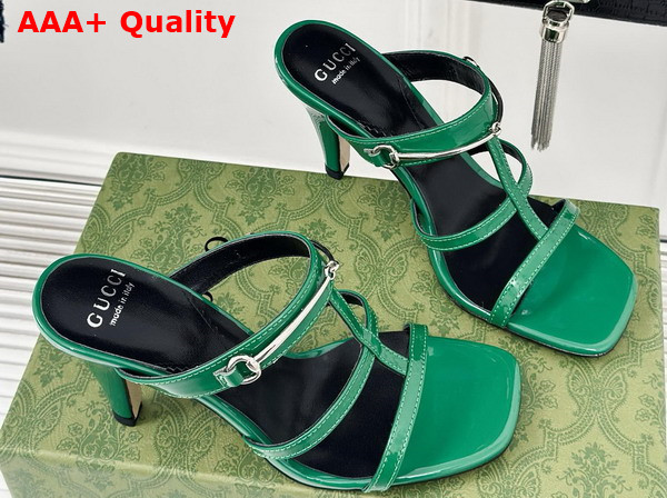 Gucci Womens Slim Horsebit Slide Sandal in Green Patent Leather 776643 Replica