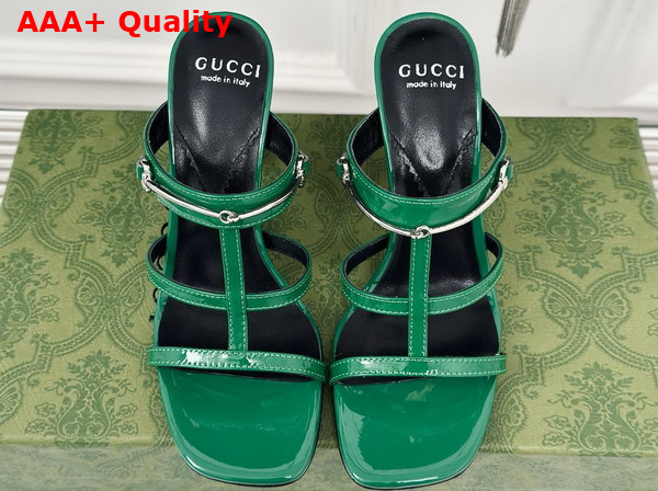 Gucci Womens Slim Horsebit Slide Sandal in Green Patent Leather 776643 Replica