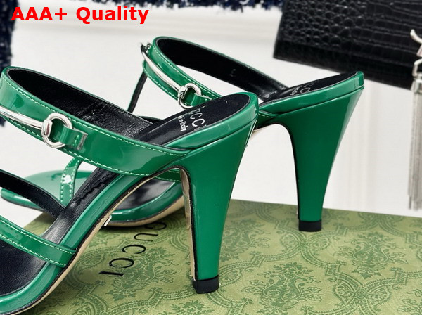 Gucci Womens Slim Horsebit Slide Sandal in Green Patent Leather 776643 Replica