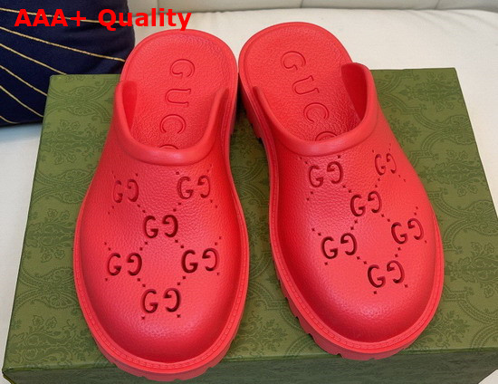 Gucci Womens Slip On Sandal in Red Perforated GG Rubber Replica