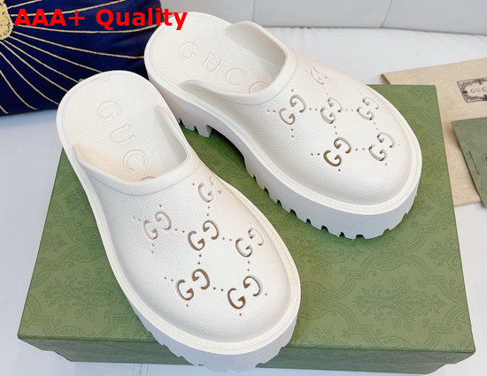 Gucci Womens Slip On Sandal in White Perforated GG Rubber Replica