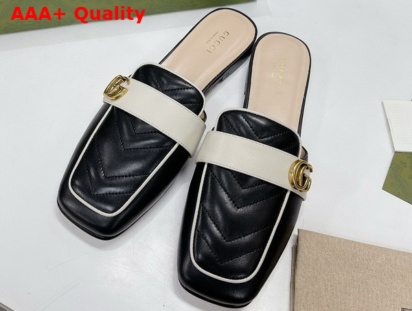 Gucci Womens Slipper with Double G Black Leather with Matelasse Chevron Insert 670398 Replica