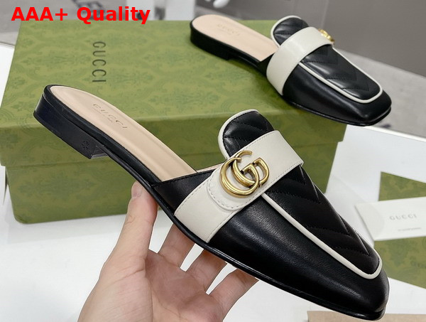 Gucci Womens Slipper with Double G Black Leather with Matelasse Chevron Insert 670398 Replica