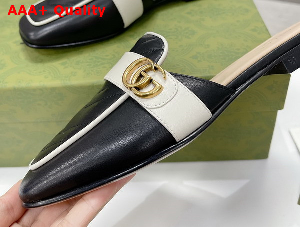 Gucci Womens Slipper with Double G Black Leather with Matelasse Chevron Insert 670398 Replica