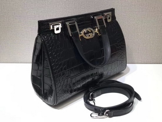 Gucci Zumi Crocodile Small Top Handle Bag in Black Crocodile