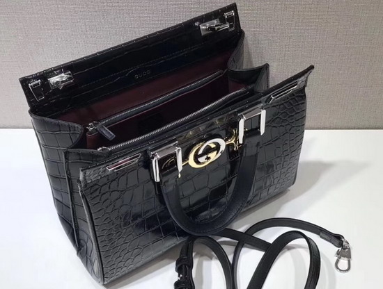 Gucci Zumi Crocodile Small Top Handle Bag in Black Crocodile