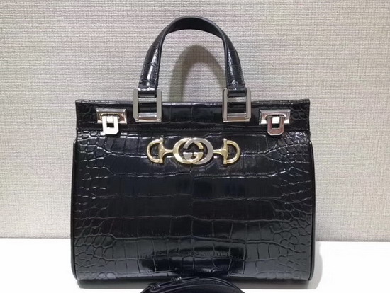 Gucci Zumi Crocodile Small Top Handle Bag in Black Crocodile