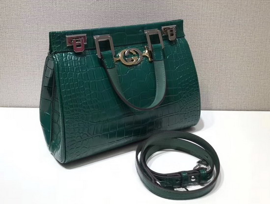 Gucci Zumi Crocodile Small Top Handle Bag in Dark Green Crocodile