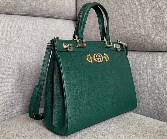 Gucci Zumi Grainy Leather Medium Top Handle Bag in Dark Green Grainy Leather 564714