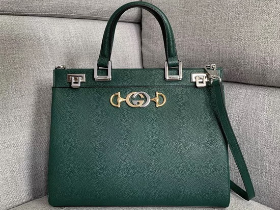 Gucci Zumi Grainy Leather Medium Top Handle Bag in Dark Green Grainy Leather 564714