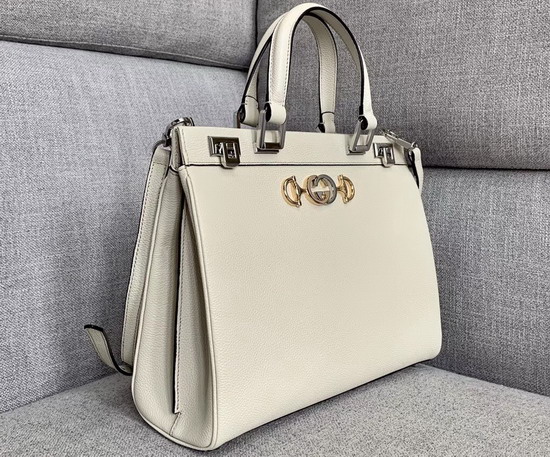 Gucci Zumi Grainy Leather Medium Top Handle Bag in White Grainy Leather 564714