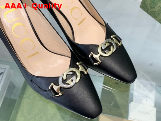 Gucci Zumi Mid Heel Leather Pump in Black Leather 596860 Replica