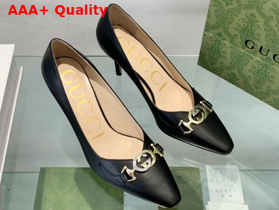 Gucci Zumi Mid Heel Leather Pump in Black Leather 596860 Replica