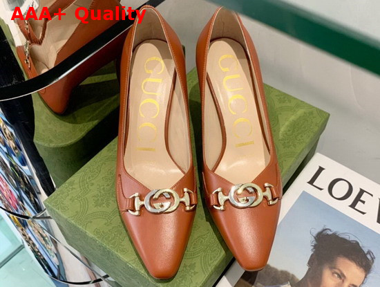 Gucci Zumi Mid Heel Leather Pump in Brown Leather 596860 Replica