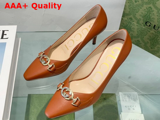 Gucci Zumi Mid Heel Leather Pump in Brown Leather 596860 Replica