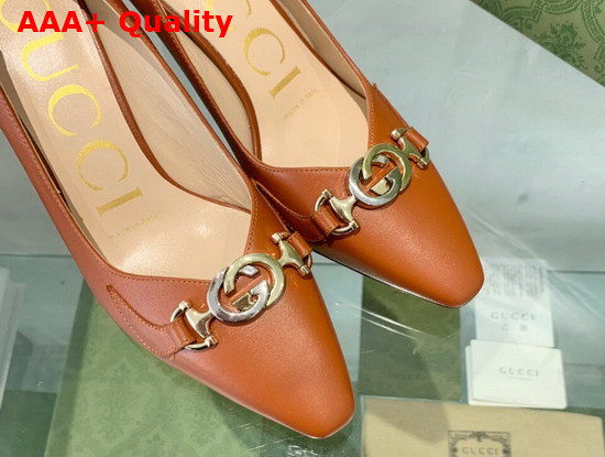 Gucci Zumi Mid Heel Leather Pump in Brown Leather 596860 Replica