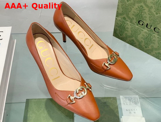 Gucci Zumi Mid Heel Leather Pump in Brown Leather 596860 Replica