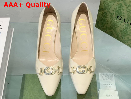 Gucci Zumi Mid Heel Leather Pump in White Leather 596860 Replica