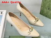 Gucci Zumi Mid Heel Leather Pump in White Leather 596860 Replica