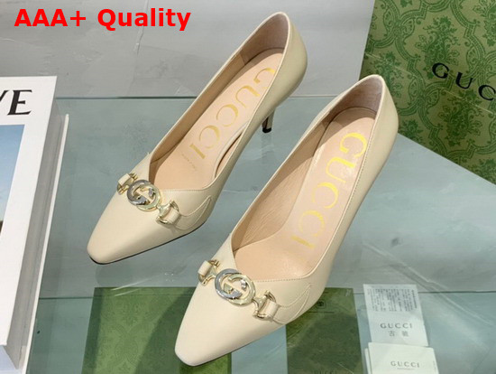 Gucci Zumi Mid Heel Leather Pump in White Leather 596860 Replica