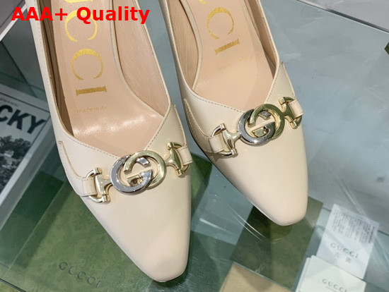 Gucci Zumi Mid Heel Leather Pump in White Leather 596860 Replica