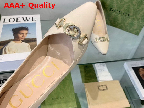 Gucci Zumi Mid Heel Leather Pump in White Leather 596860 Replica