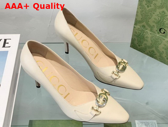 Gucci Zumi Mid Heel Leather Pump in White Leather 596860 Replica