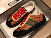 Womens Gucci Dapper Dan Sneaker Light Brown GG Leather with Green and Orange Nylon Web