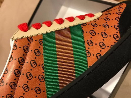 Womens Gucci Dapper Dan Sneaker Light Brown GG Leather with Green and Orange Nylon Web