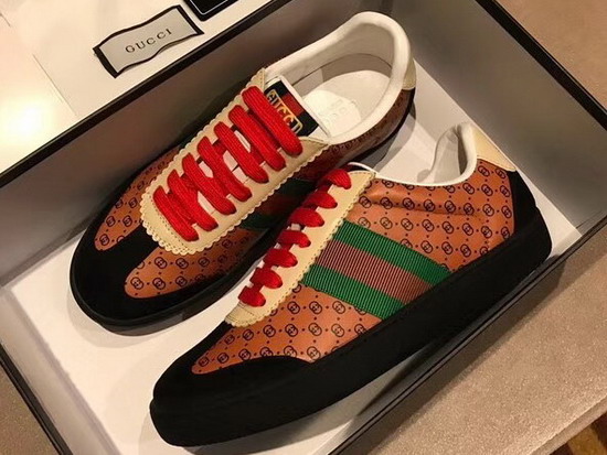 Womens Gucci Dapper Dan Sneaker Light Brown GG Leather with Green and Orange Nylon Web