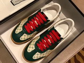 Womens Gucci Dapper Dan Sneaker White GG Leather with Green and Orange Nylon Web