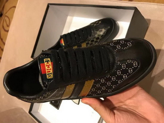 Womens Gucci Dapper Dan Sneaker in Black GG Leather with Gold and Black Web