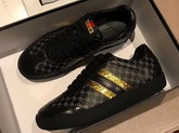 Womens Gucci Dapper Dan Sneaker in Black GG Leather with Gold and Black Web