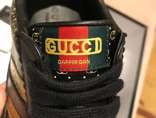 Womens Gucci Dapper Dan Sneaker in Black GG Leather with Gold and Black Web