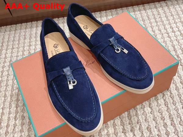 Loro Piana Summer Charms Walk Loafers in Dark Cerulean Suede Leather Replica