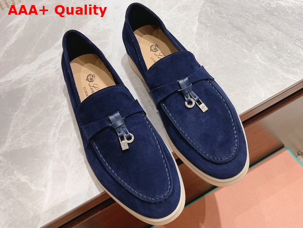 Loro Piana Summer Charms Walk Loafers in Dark Cerulean Suede Leather Replica