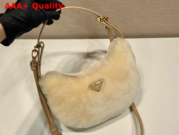 Prada Arque Shearling and Leather Shoulder Bag Ecru and Noisette 1BC194 Replica