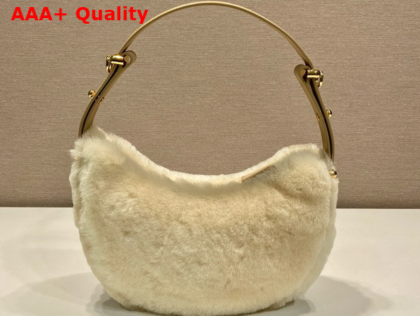 Prada Arque Shearling and Leather Shoulder Bag Ecru and Noisette 1BC194 Replica